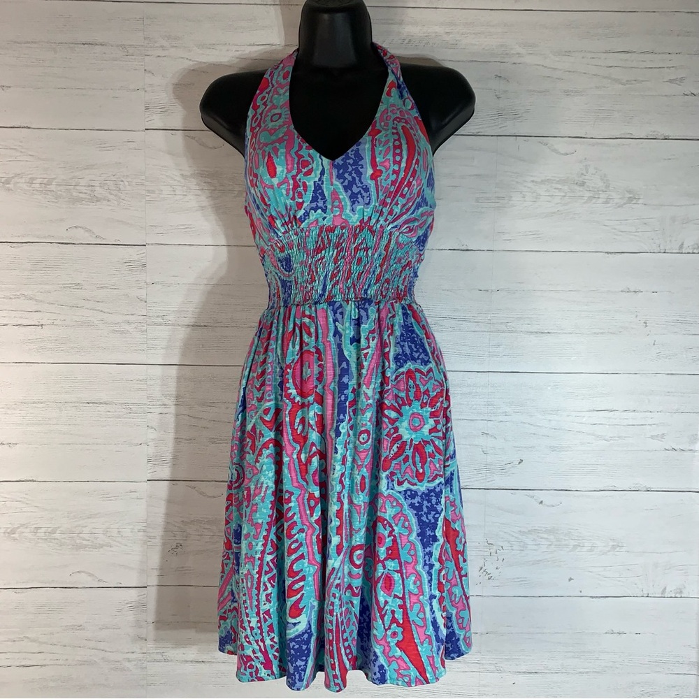 Tori Richard smocked colorful print halter dress size XS